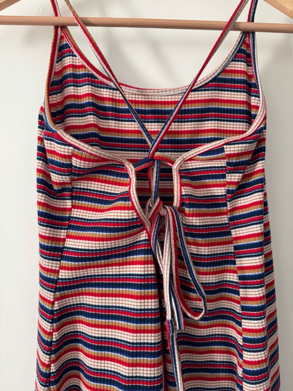 SHEIN Striped Ribbed Midi Dress Small Red Blue White Tie Back Spaghetti Strap